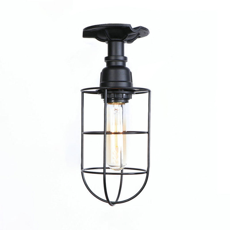 Black/Bronze 1 Bulb Semi-Flush Mount Light Vintage Metal Wire Guard Ceiling Mounted Light for Corridor - Clearhalo - 'Ceiling Lights' - 'Close To Ceiling Lights' - 'Close to ceiling' - 'Semi-flushmount' - Lighting' - 162009