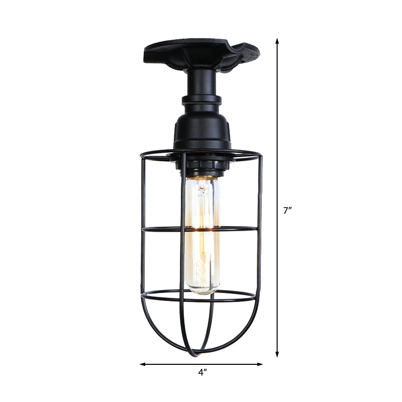 Black/Bronze 1 Bulb Semi-Flush Mount Light Vintage Metal Wire Guard Ceiling Mounted Light for Corridor - Clearhalo - 'Ceiling Lights' - 'Close To Ceiling Lights' - 'Close to ceiling' - 'Semi-flushmount' - Lighting' - 162010