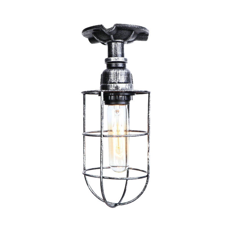 Black/Bronze 1 Bulb Semi-Flush Mount Light Vintage Metal Wire Guard Ceiling Mounted Light for Corridor - Clearhalo - 'Ceiling Lights' - 'Close To Ceiling Lights' - 'Close to ceiling' - 'Semi-flushmount' - Lighting' - 162012