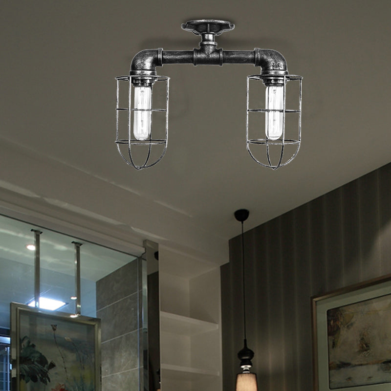 Water Pipe Hallway Ceiling Lighting with Wire Frame Industrial Iron 2 Lights Bronze/Aged Silver Semi Mount Lighting Aged Silver Clearhalo 'Ceiling Lights' 'Close To Ceiling Lights' 'Close to ceiling' 'Semi-flushmount' Lighting' 162020