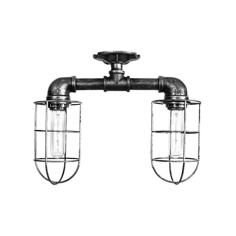 Water Pipe Hallway Ceiling Lighting with Wire Frame Industrial Iron 2 Lights Bronze/Aged Silver Semi Mount Lighting Clearhalo 'Ceiling Lights' 'Close To Ceiling Lights' 'Close to ceiling' 'Semi-flushmount' Lighting' 162022