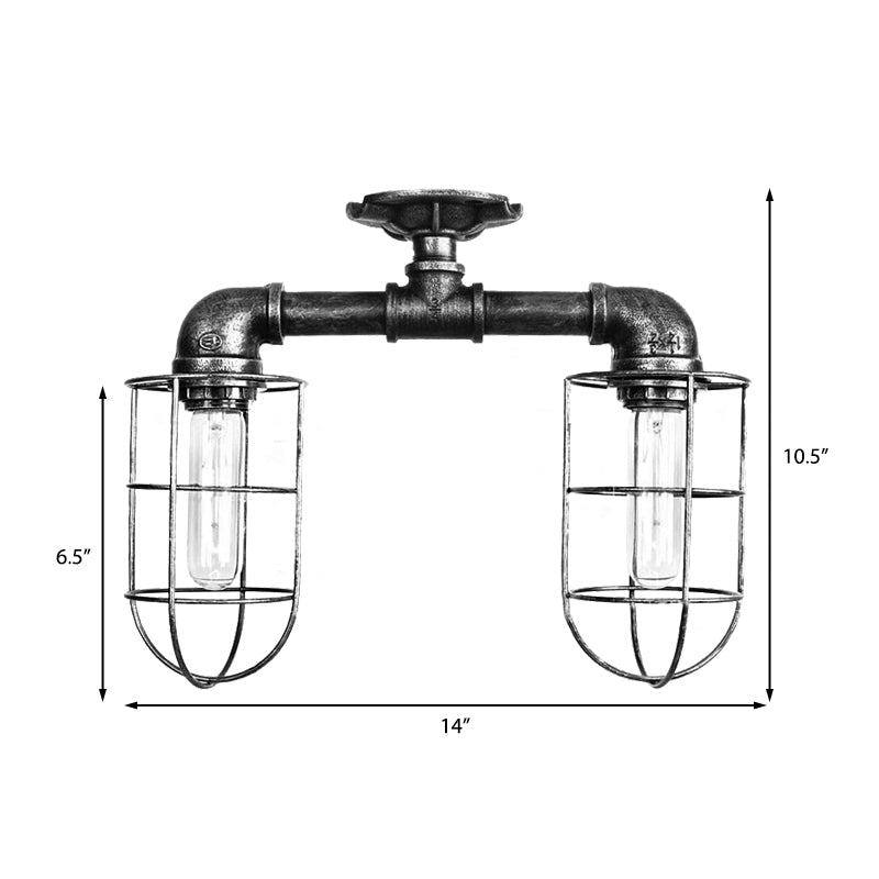 Water Pipe Hallway Ceiling Lighting with Wire Frame Industrial Iron 2 Lights Bronze/Aged Silver Semi Mount Lighting Clearhalo 'Ceiling Lights' 'Close To Ceiling Lights' 'Close to ceiling' 'Semi-flushmount' Lighting' 162023