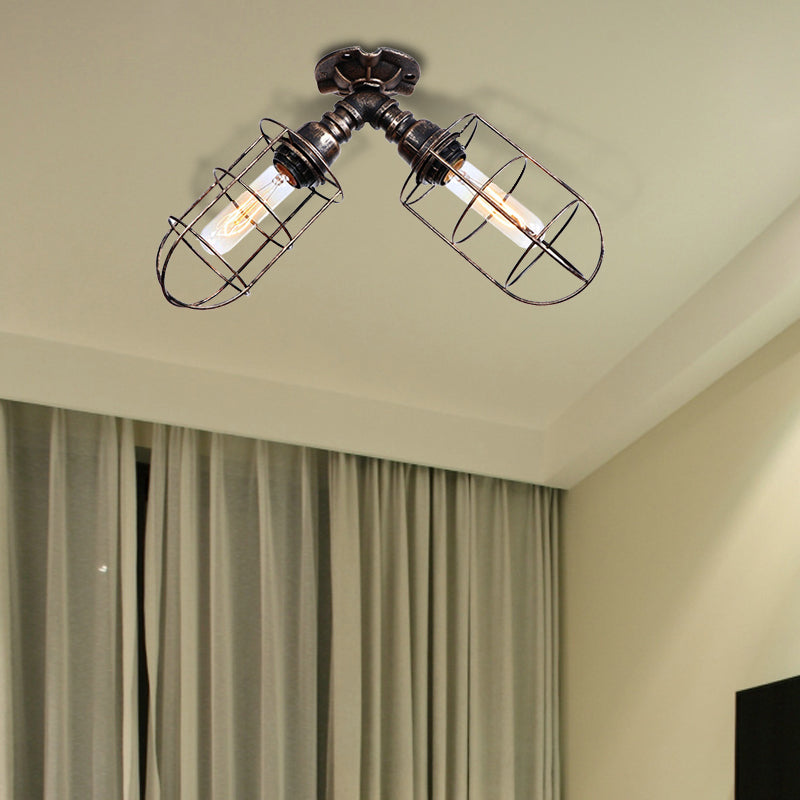 Pipe Living Room Semi-Flush Mount Light with Cage Shade Coastal Style Wrought Iron 2 Bulbs Aged Silver/Bronze Ceiling Lighting Bronze Clearhalo 'Ceiling Lights' 'Close To Ceiling Lights' 'Close to ceiling' 'Semi-flushmount' Lighting' 162030