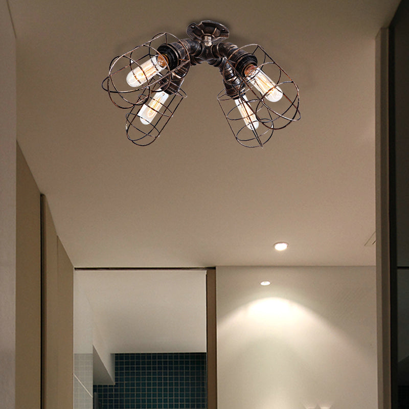 Caged Bedroom Semi-Flush Ceiling Fixture Rustic Industrial Iron 4 Bulbs Bronze/Aged Silver Ceiling Lamp with Pipe Design Bronze Clearhalo 'Ceiling Lights' 'Close To Ceiling Lights' 'Close to ceiling' 'Semi-flushmount' Lighting' 162036