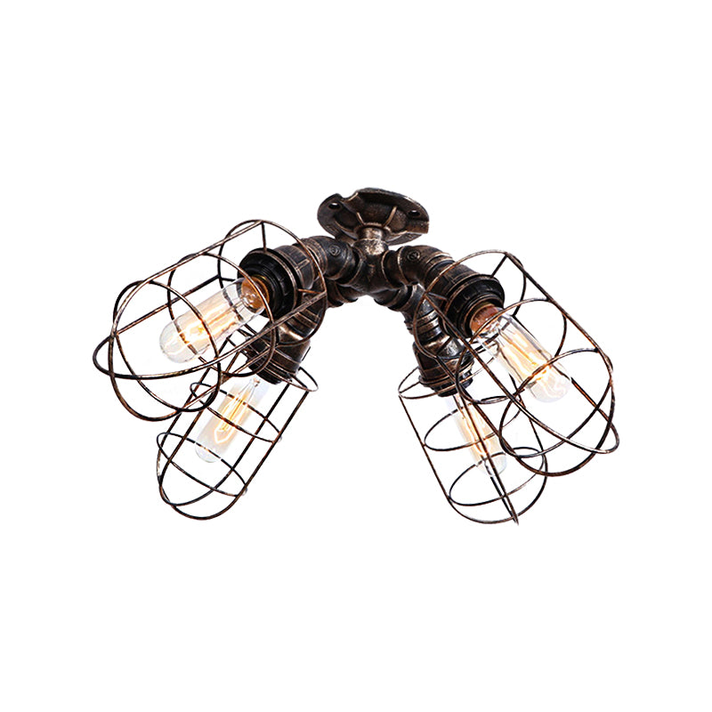 Caged Bedroom Semi-Flush Ceiling Fixture Rustic Industrial Iron 4 Bulbs Bronze/Aged Silver Ceiling Lamp with Pipe Design Clearhalo 'Ceiling Lights' 'Close To Ceiling Lights' 'Close to ceiling' 'Semi-flushmount' Lighting' 162038