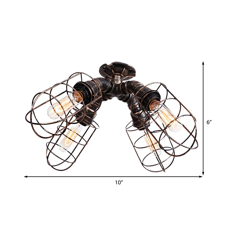 Caged Bedroom Semi-Flush Ceiling Fixture Rustic Industrial Iron 4 Bulbs Bronze/Aged Silver Ceiling Lamp with Pipe Design Clearhalo 'Ceiling Lights' 'Close To Ceiling Lights' 'Close to ceiling' 'Semi-flushmount' Lighting' 162039