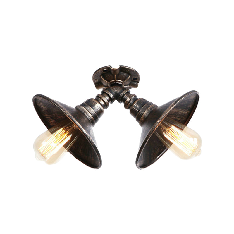 Flared Metal Shade Semi Flush Pendant Light Rustic Stylish 2 Bulbs Bedroom Ceiling Light Fixture in Aged Silver/Bronze Clearhalo 'Ceiling Lights' 'Close To Ceiling Lights' 'Close to ceiling' 'Semi-flushmount' Lighting' 162044