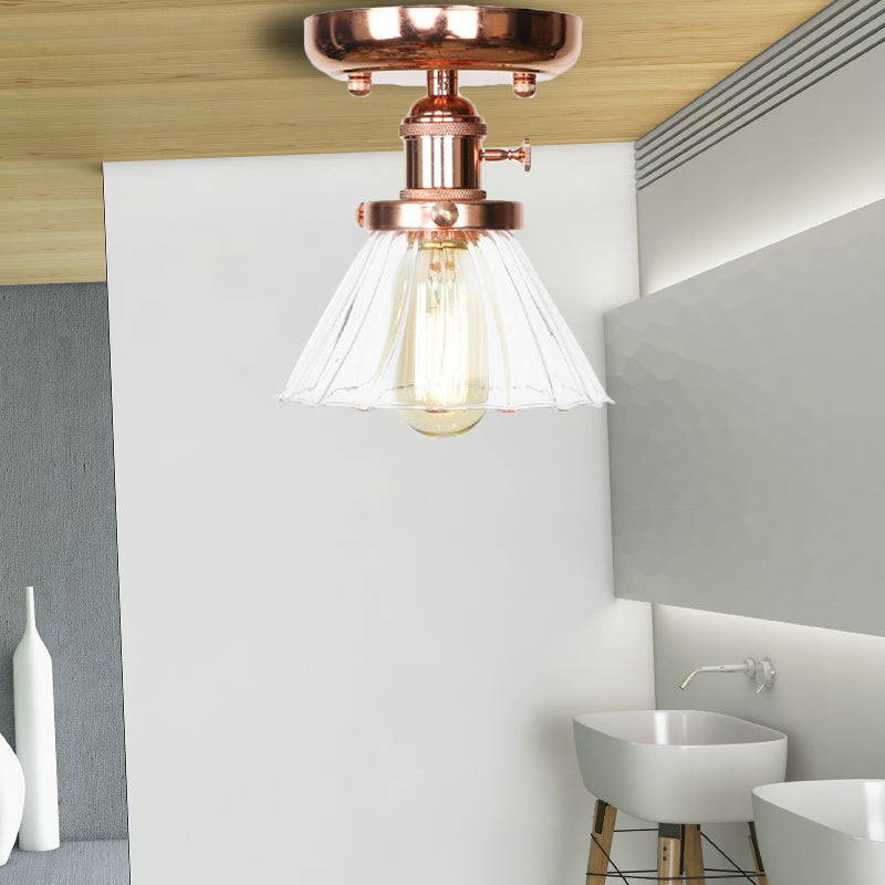 Single Bulb Semi Flush Mount Industrial Globe/Wide Flare/Diamond Light Fixture Ceiling with Clear/Amber Glass Shade Clear Wide Flare Clearhalo 'Ceiling Lights' 'Chandeliers' 'Close To Ceiling Lights' 'Close to ceiling' 'Glass shade' 'Glass' 'Semi-flushmount' Lighting' 162074