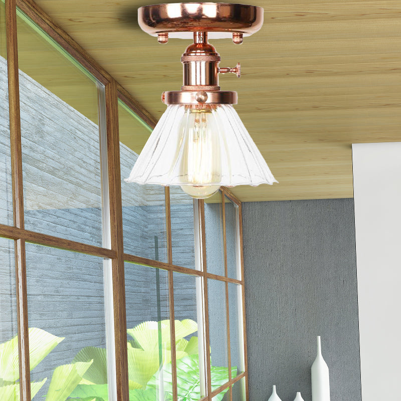 Single Bulb Semi Flush Mount Industrial Globe/Wide Flare/Diamond Light Fixture Ceiling with Clear/Amber Glass Shade Clearhalo 'Ceiling Lights' 'Chandeliers' 'Close To Ceiling Lights' 'Close to ceiling' 'Glass shade' 'Glass' 'Semi-flushmount' Lighting' 162075