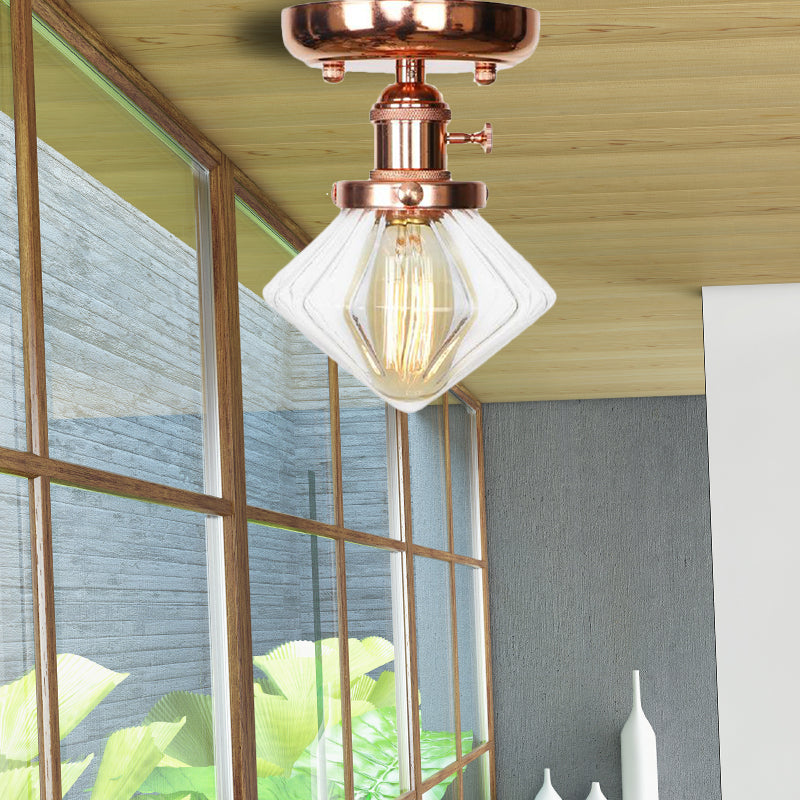 Single Bulb Semi Flush Mount Industrial Globe/Wide Flare/Diamond Light Fixture Ceiling with Clear/Amber Glass Shade Clear Diamond Clearhalo 'Ceiling Lights' 'Chandeliers' 'Close To Ceiling Lights' 'Close to ceiling' 'Glass shade' 'Glass' 'Semi-flushmount' Lighting' 162078
