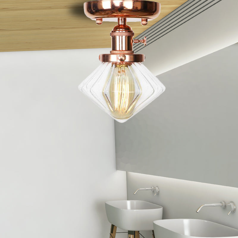 Single Bulb Semi Flush Mount Industrial Globe/Wide Flare/Diamond Light Fixture Ceiling with Clear/Amber Glass Shade Clearhalo 'Ceiling Lights' 'Chandeliers' 'Close To Ceiling Lights' 'Close to ceiling' 'Glass shade' 'Glass' 'Semi-flushmount' Lighting' 162079