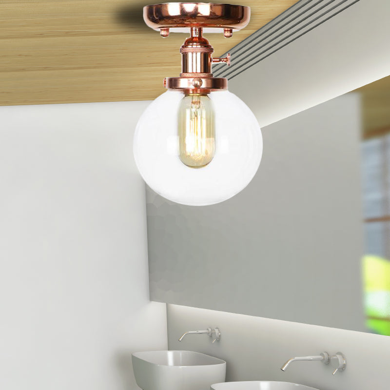 Single Bulb Semi Flush Mount Industrial Globe/Wide Flare/Diamond Light Fixture Ceiling with Clear/Amber Glass Shade Clear Globe Clearhalo 'Ceiling Lights' 'Chandeliers' 'Close To Ceiling Lights' 'Close to ceiling' 'Glass shade' 'Glass' 'Semi-flushmount' Lighting' 162082