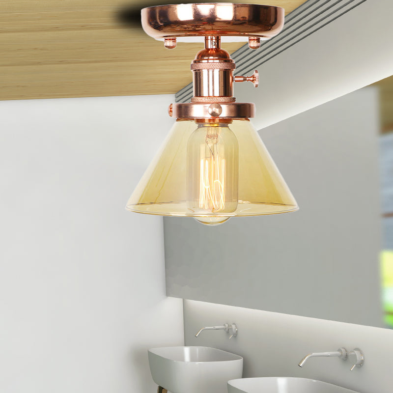 Single Bulb Semi Flush Mount Industrial Globe/Wide Flare/Diamond Light Fixture Ceiling with Clear/Amber Glass Shade Amber Cone Clearhalo 'Ceiling Lights' 'Chandeliers' 'Close To Ceiling Lights' 'Close to ceiling' 'Glass shade' 'Glass' 'Semi-flushmount' Lighting' 162090