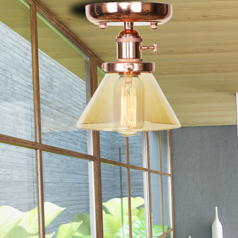 Single Bulb Semi Flush Mount Industrial Globe/Wide Flare/Diamond Light Fixture Ceiling with Clear/Amber Glass Shade Clearhalo 'Ceiling Lights' 'Chandeliers' 'Close To Ceiling Lights' 'Close to ceiling' 'Glass shade' 'Glass' 'Semi-flushmount' Lighting' 162091