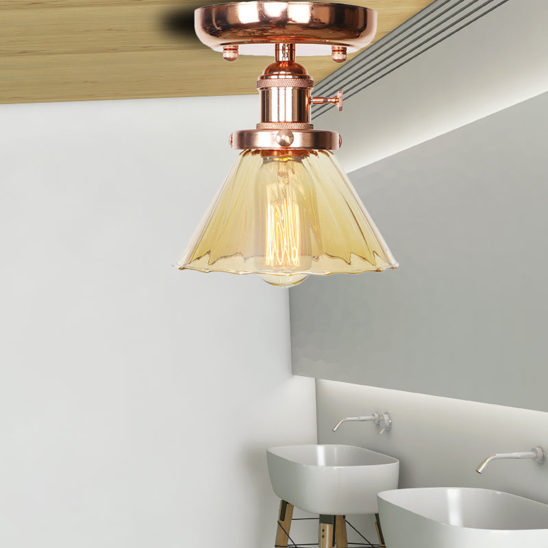 Single Bulb Semi Flush Mount Industrial Globe/Wide Flare/Diamond Light Fixture Ceiling with Clear/Amber Glass Shade Clearhalo 'Ceiling Lights' 'Chandeliers' 'Close To Ceiling Lights' 'Close to ceiling' 'Glass shade' 'Glass' 'Semi-flushmount' Lighting' 162094