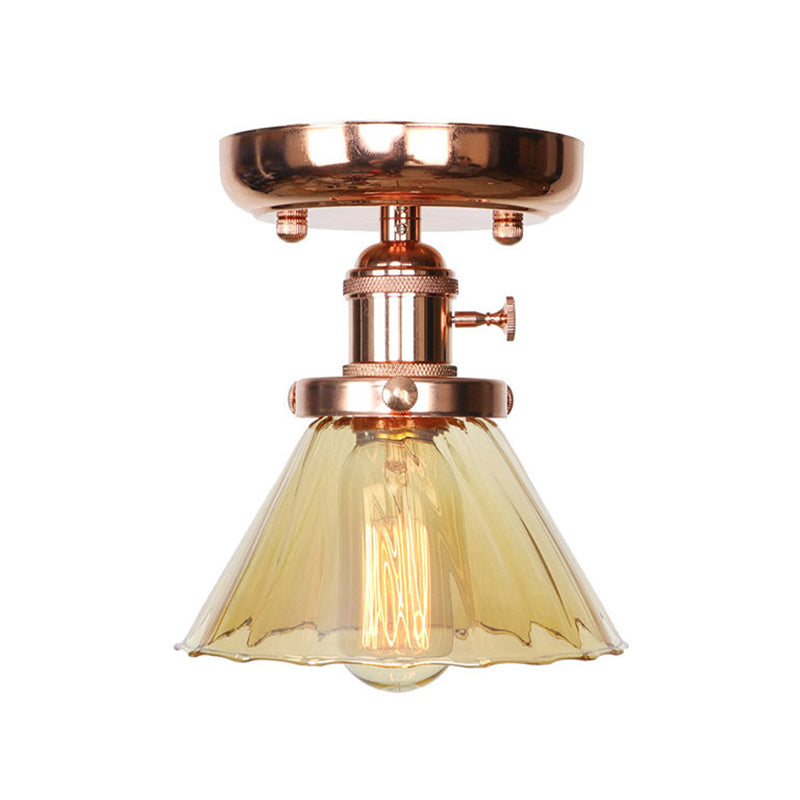 Single Bulb Semi Flush Mount Industrial Globe/Wide Flare/Diamond Light Fixture Ceiling with Clear/Amber Glass Shade Clearhalo 'Ceiling Lights' 'Chandeliers' 'Close To Ceiling Lights' 'Close to ceiling' 'Glass shade' 'Glass' 'Semi-flushmount' Lighting' 162095