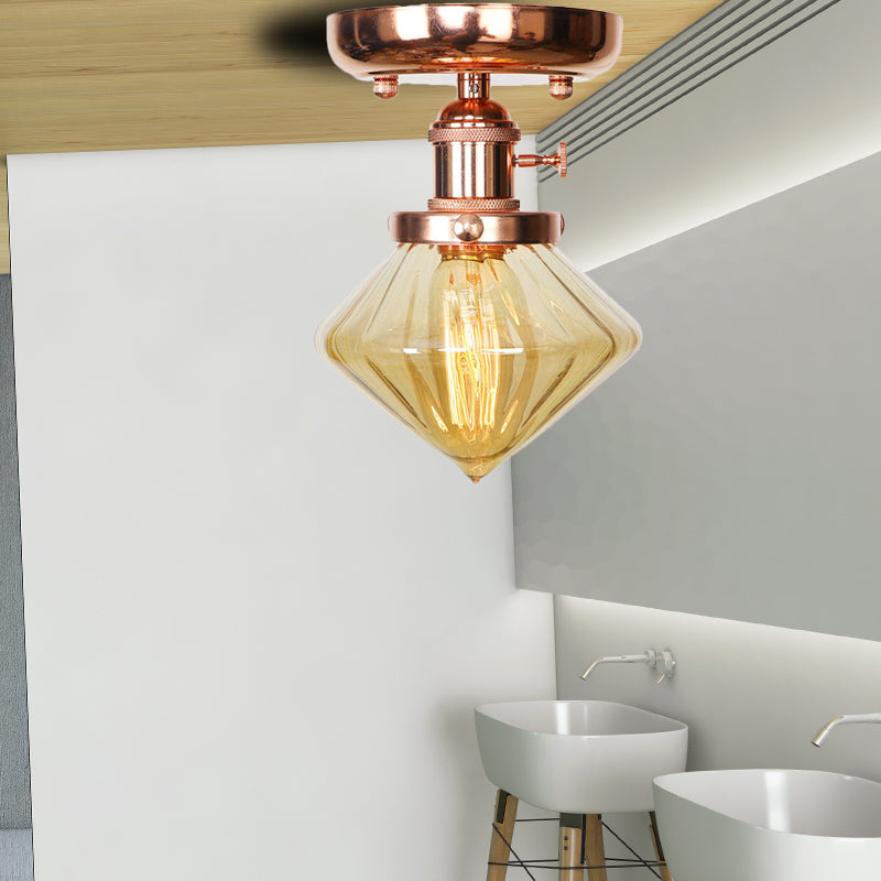 Single Bulb Semi Flush Mount Industrial Globe/Wide Flare/Diamond Light Fixture Ceiling with Clear/Amber Glass Shade Amber Diamond Clearhalo 'Ceiling Lights' 'Chandeliers' 'Close To Ceiling Lights' 'Close to ceiling' 'Glass shade' 'Glass' 'Semi-flushmount' Lighting' 162096