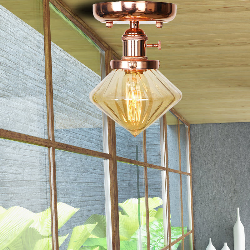 Single Bulb Semi Flush Mount Industrial Globe/Wide Flare/Diamond Light Fixture Ceiling with Clear/Amber Glass Shade Clearhalo 'Ceiling Lights' 'Chandeliers' 'Close To Ceiling Lights' 'Close to ceiling' 'Glass shade' 'Glass' 'Semi-flushmount' Lighting' 162097
