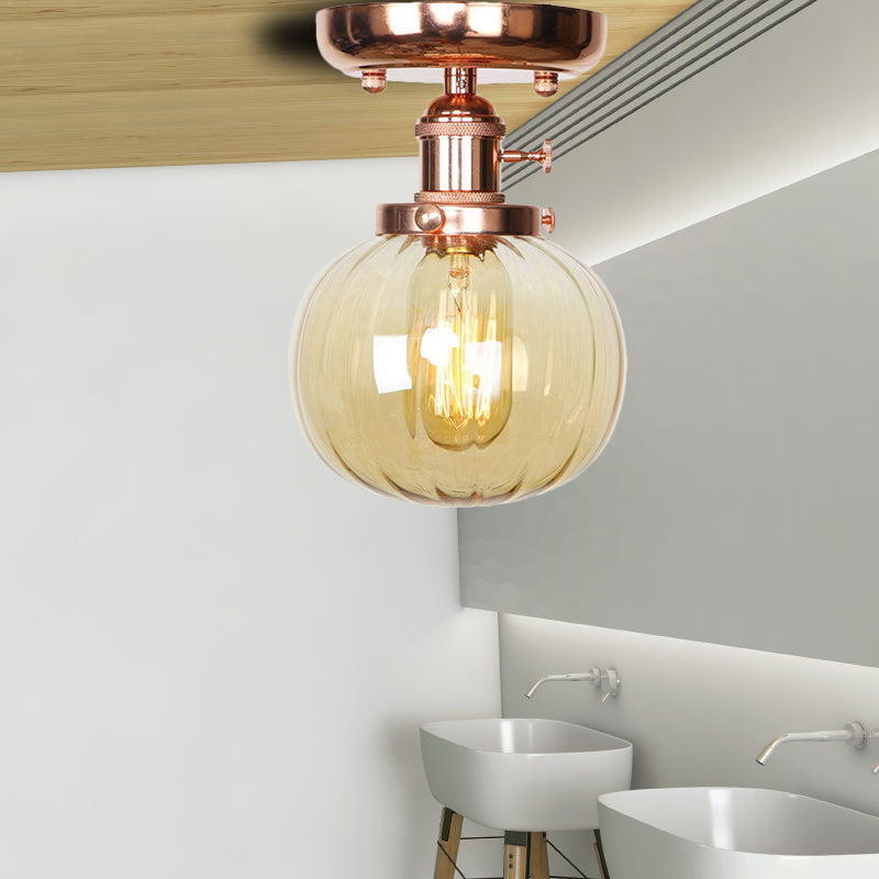 Single Bulb Semi Flush Mount Industrial Globe/Wide Flare/Diamond Light Fixture Ceiling with Clear/Amber Glass Shade Amber Globe Clearhalo 'Ceiling Lights' 'Chandeliers' 'Close To Ceiling Lights' 'Close to ceiling' 'Glass shade' 'Glass' 'Semi-flushmount' Lighting' 162102