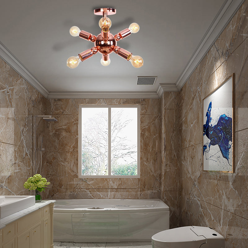 6/9 Lights Starburst Semi Flush Light Fixture Vintage Copper Finish Metal Ceiling Mounted Fixture for Bedroom 6 Copper Clearhalo 'Ceiling Lights' 'Close To Ceiling Lights' 'Close to ceiling' 'Semi-flushmount' Lighting' 162116