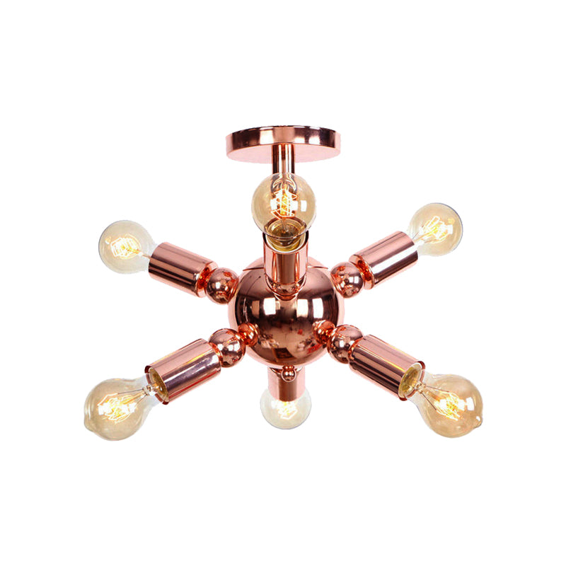 6/9 Lights Starburst Semi Flush Light Fixture Vintage Copper Finish Metal Ceiling Mounted Fixture for Bedroom Clearhalo 'Ceiling Lights' 'Close To Ceiling Lights' 'Close to ceiling' 'Semi-flushmount' Lighting' 162118