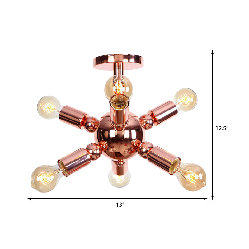 6/9 Lights Starburst Semi Flush Light Fixture Vintage Copper Finish Metal Ceiling Mounted Fixture for Bedroom Clearhalo 'Ceiling Lights' 'Close To Ceiling Lights' 'Close to ceiling' 'Semi-flushmount' Lighting' 162119