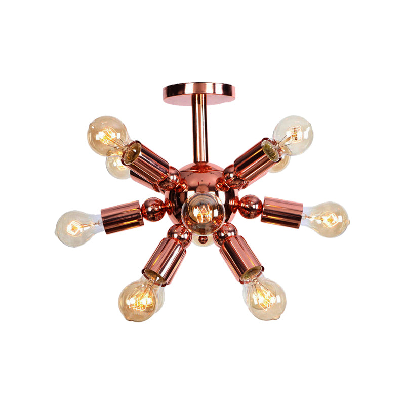 6/9 Lights Starburst Semi Flush Light Fixture Vintage Copper Finish Metal Ceiling Mounted Fixture for Bedroom Clearhalo 'Ceiling Lights' 'Close To Ceiling Lights' 'Close to ceiling' 'Semi-flushmount' Lighting' 162121
