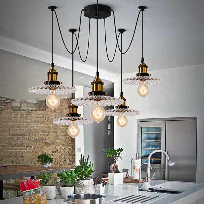 3/5-Light Multi Pendant with Radial Wave Shade Ribbed Glass Vintage Dining Room Hanging Light Fixture 5 Brass Clearhalo 'Art Deco Pendants' 'Cast Iron' 'Ceiling Lights' 'Ceramic' 'Crystal' 'Industrial Pendants' 'Industrial' 'Metal' 'Middle Century Pendants' 'Pendant Lights' 'Pendants' 'Tiffany' Lighting' 162184