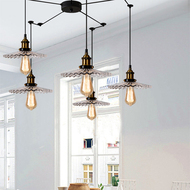 3/5-Light Multi Pendant with Radial Wave Shade Ribbed Glass Vintage Dining Room Hanging Light Fixture Clearhalo 'Art Deco Pendants' 'Cast Iron' 'Ceiling Lights' 'Ceramic' 'Crystal' 'Industrial Pendants' 'Industrial' 'Metal' 'Middle Century Pendants' 'Pendant Lights' 'Pendants' 'Tiffany' Lighting' 162185