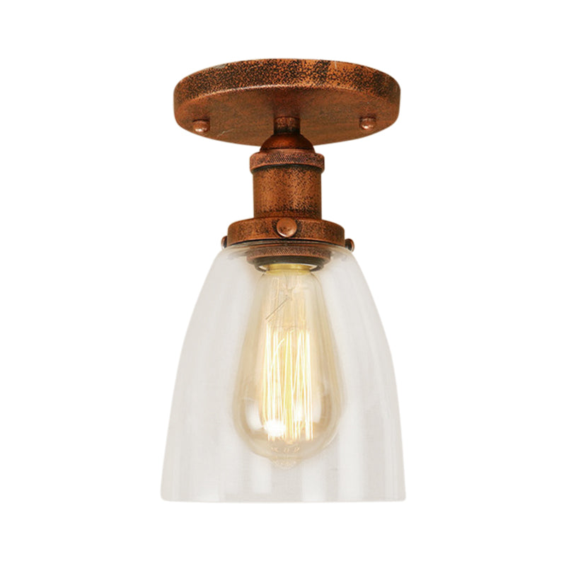 One Bulb Light Fixtures Ceiling Industrial Cone Clear Glass Semi Flush Mount Lighting in Silver/Brass/Rust Clearhalo 'Ceiling Lights' 'Close To Ceiling Lights' 'Close to ceiling' 'Glass shade' 'Glass' 'Semi-flushmount' Lighting' 162250
