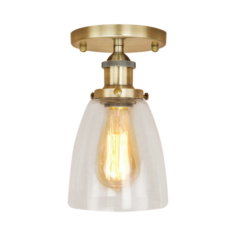 One Bulb Light Fixtures Ceiling Industrial Cone Clear Glass Semi Flush Mount Lighting in Silver/Brass/Rust Clearhalo 'Ceiling Lights' 'Close To Ceiling Lights' 'Close to ceiling' 'Glass shade' 'Glass' 'Semi-flushmount' Lighting' 162255