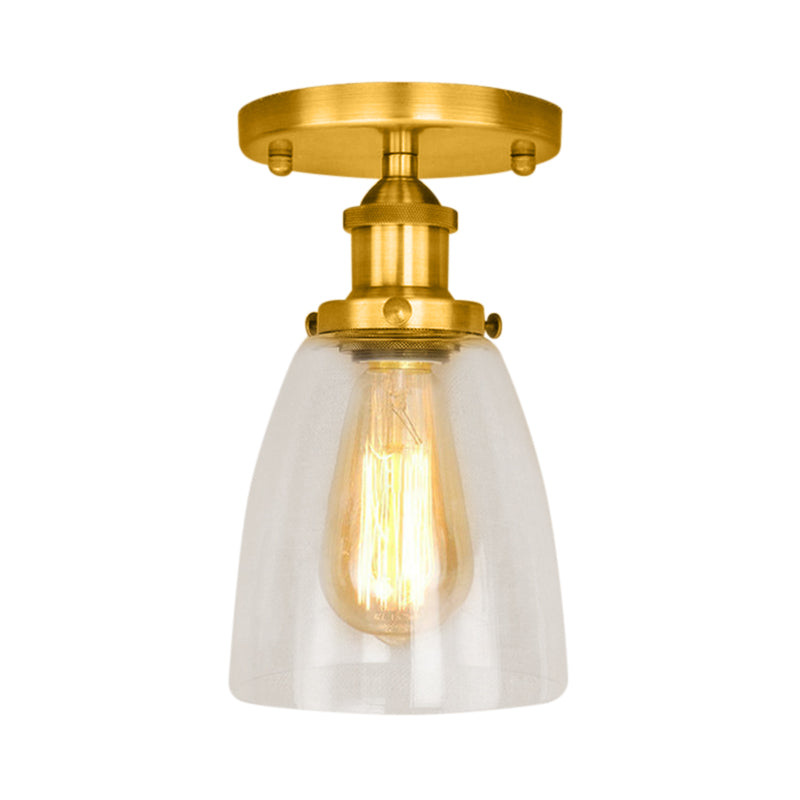 One Bulb Light Fixtures Ceiling Industrial Cone Clear Glass Semi Flush Mount Lighting in Silver/Brass/Rust Clearhalo 'Ceiling Lights' 'Close To Ceiling Lights' 'Close to ceiling' 'Glass shade' 'Glass' 'Semi-flushmount' Lighting' 162257