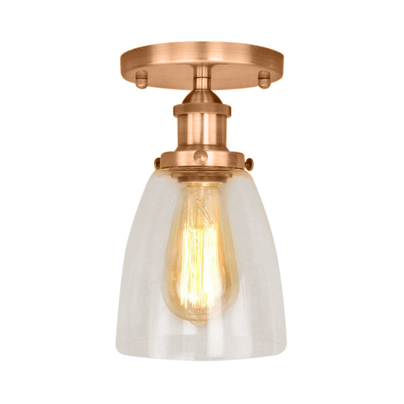 One Bulb Light Fixtures Ceiling Industrial Cone Clear Glass Semi Flush Mount Lighting in Silver/Brass/Rust Clearhalo 'Ceiling Lights' 'Close To Ceiling Lights' 'Close to ceiling' 'Glass shade' 'Glass' 'Semi-flushmount' Lighting' 162259