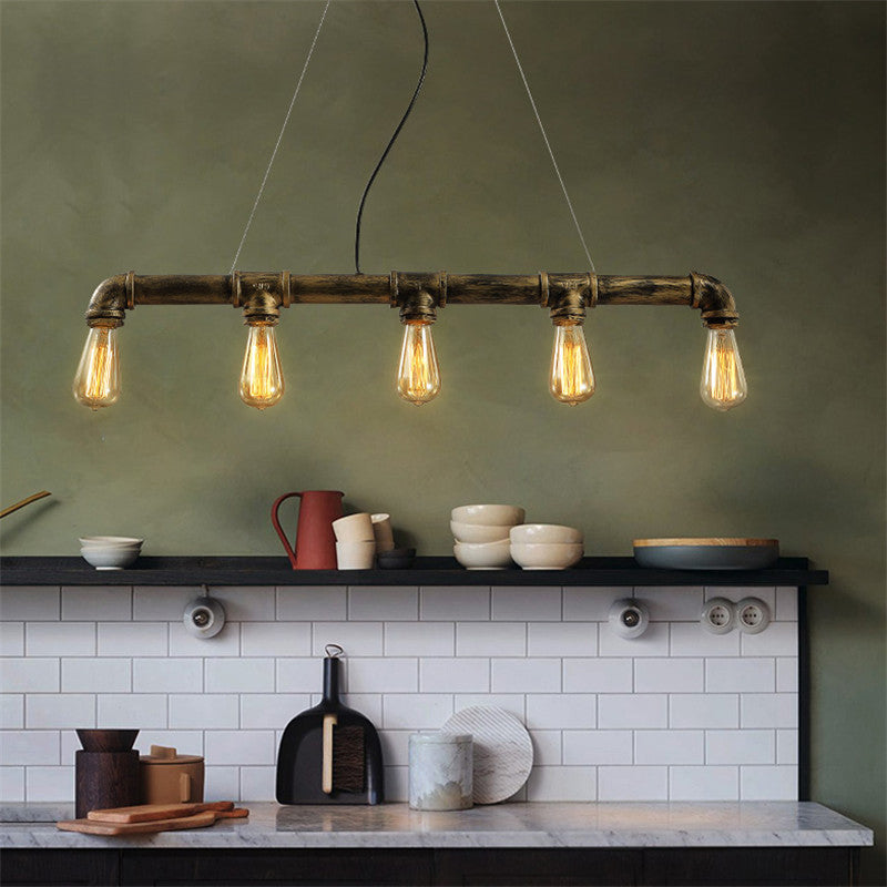 Antique Brass 5 Lights Pendant Lamp Industrial Style Wrought Iron Piping Island Lighting with Exposed Bulb Antique Brass Clearhalo 'Ceiling Lights' 'Island Lights' Lighting' 162299
