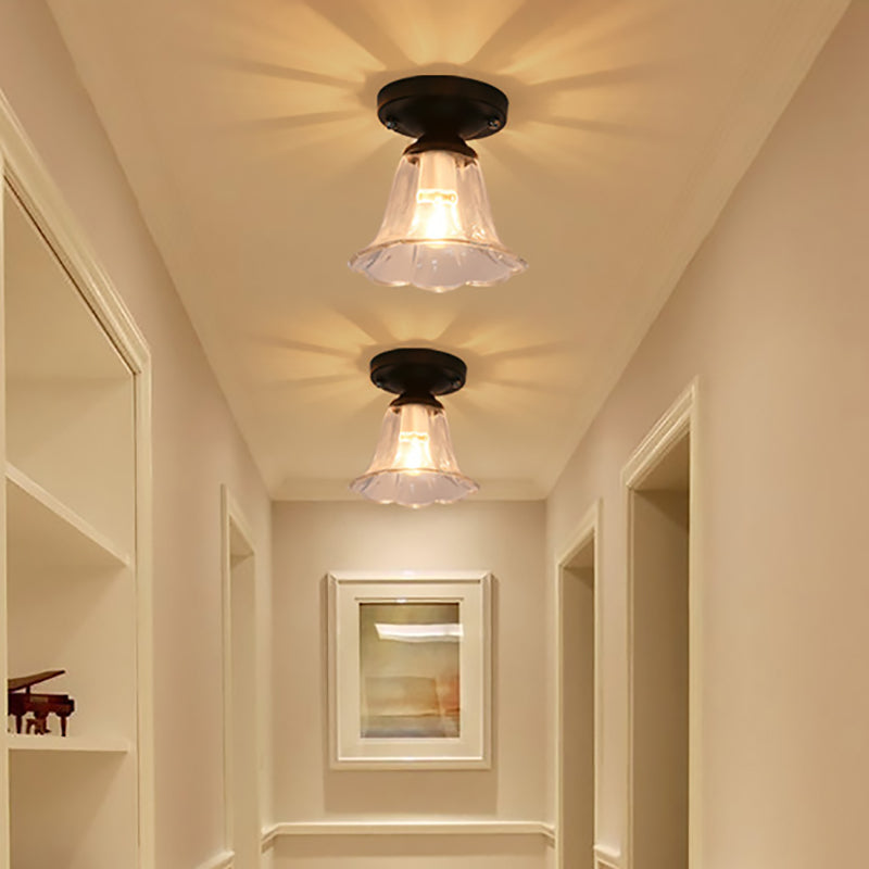 Flared Shade Clear Glass Semi Flush Industrial 1 Bulb Corridor Light Fixture in Black Clear Clearhalo 'Ceiling Lights' 'Close To Ceiling Lights' 'Close to ceiling' 'Glass shade' 'Glass' 'Pendant Lights' 'Semi-flushmount' Lighting' 162311