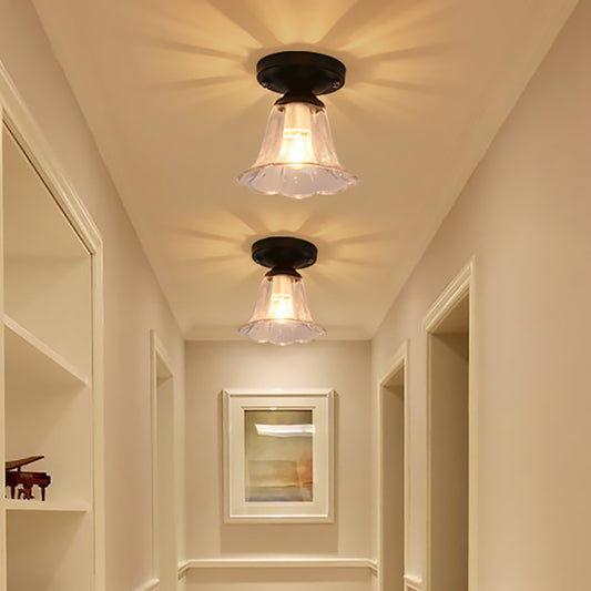 Flared Shade Clear Glass Semi Flush Industrial 1 Bulb Corridor Light Fixture in Black Clear Clearhalo 'Ceiling Lights' 'Close To Ceiling Lights' 'Close to ceiling' 'Glass shade' 'Glass' 'Pendant Lights' 'Semi-flushmount' Lighting' 162311