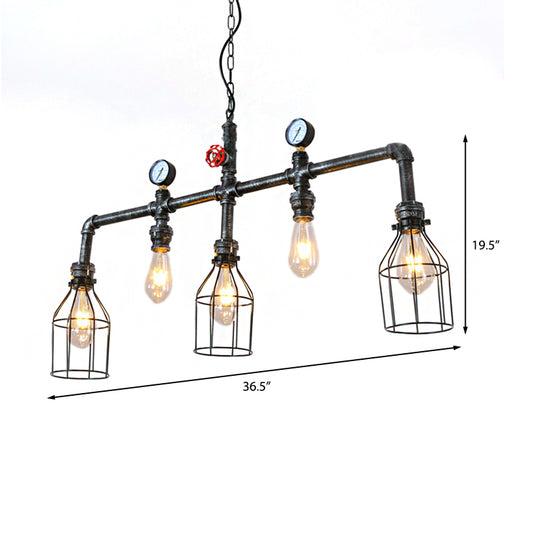 Aged Silver 5 Bulbs Island Lighting Industrial Metallic Caged Hanging Lamp with Pipe and Pressure Gauge Clearhalo 'Ceiling Lights' 'Island Lights' Lighting' 162322