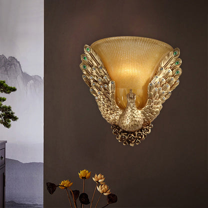 Bell Shape Sitting Room Wall Sconce Cottage Amber Ribbed Glass 1-Head Gold Wall Lighting Idea with Peacock Design Gold Clearhalo 'Wall Lamps & Sconces' 'Wall Lights' Lighting' 1623357