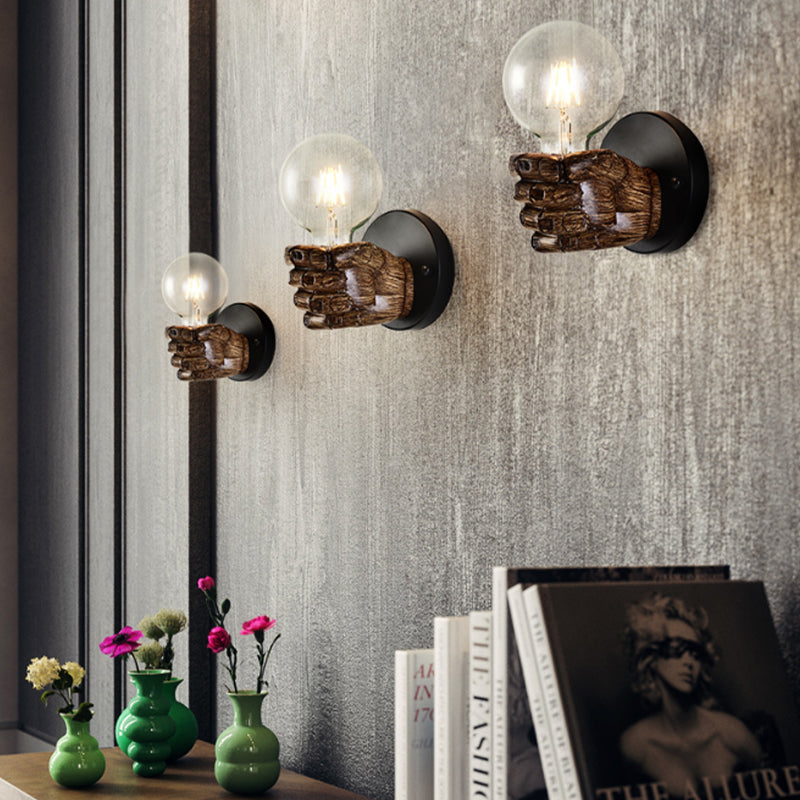 Brown Hand Sconce Lamp Single Light Retro Wood Wall Lamp with Globe Bulb for Hallway Brown Clearhalo 'Industrial wall lights' 'Industrial' 'Middle century wall lights' 'Rustic wall lights' 'Tiffany' 'Wall Lamps & Sconces' 'Wall Lights' Lighting' 162337