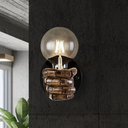 Brown Hand Sconce Lamp Single Light Retro Wood Wall Lamp with Globe Bulb for Hallway Clearhalo 'Industrial wall lights' 'Industrial' 'Middle century wall lights' 'Rustic wall lights' 'Tiffany' 'Wall Lamps & Sconces' 'Wall Lights' Lighting' 162338