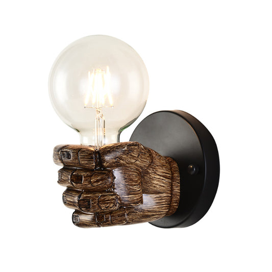 Brown Hand Sconce Lamp Single Light Retro Wood Wall Lamp with Globe Bulb for Hallway Clearhalo 'Industrial wall lights' 'Industrial' 'Middle century wall lights' 'Rustic wall lights' 'Tiffany' 'Wall Lamps & Sconces' 'Wall Lights' Lighting' 162339