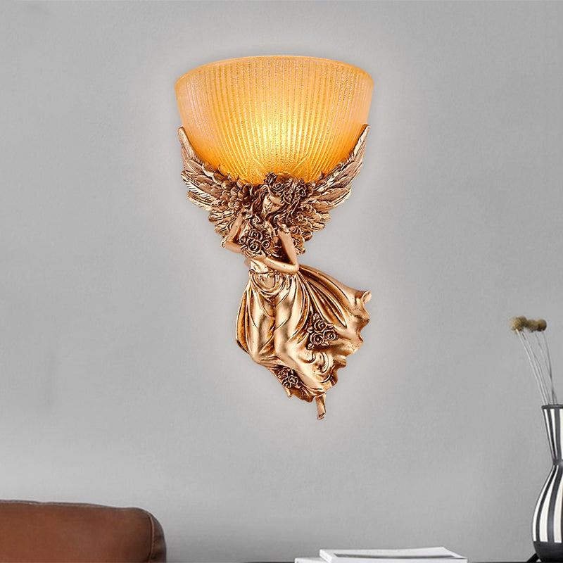 Single Bulb Angel Sconce Light Countryside Gold Resin Wall Mounted Lamp with Amber Fluted Glass Shade, Right Gold Right Clearhalo 'Wall Lamps & Sconces' 'Wall Lights' Lighting' 1623436