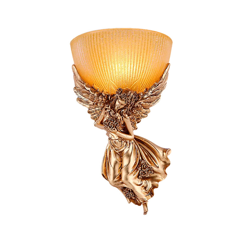 Single Bulb Angel Sconce Light Countryside Gold Resin Wall Mounted Lamp with Amber Fluted Glass Shade, Right Clearhalo 'Wall Lamps & Sconces' 'Wall Lights' Lighting' 1623438
