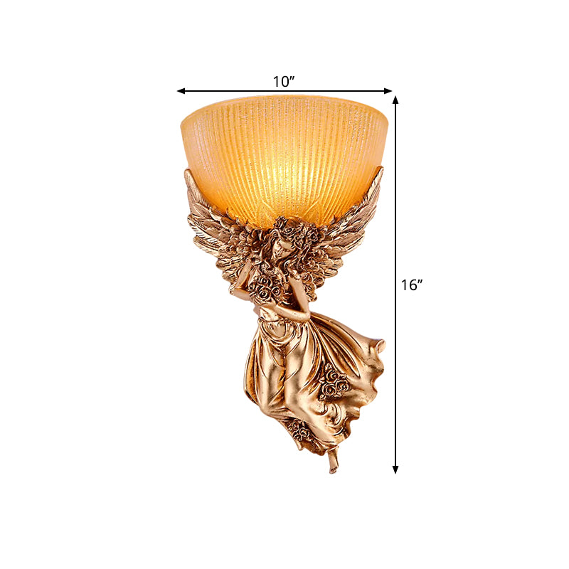 Single Bulb Angel Sconce Light Countryside Gold Resin Wall Mounted Lamp with Amber Fluted Glass Shade, Right Clearhalo 'Wall Lamps & Sconces' 'Wall Lights' Lighting' 1623439