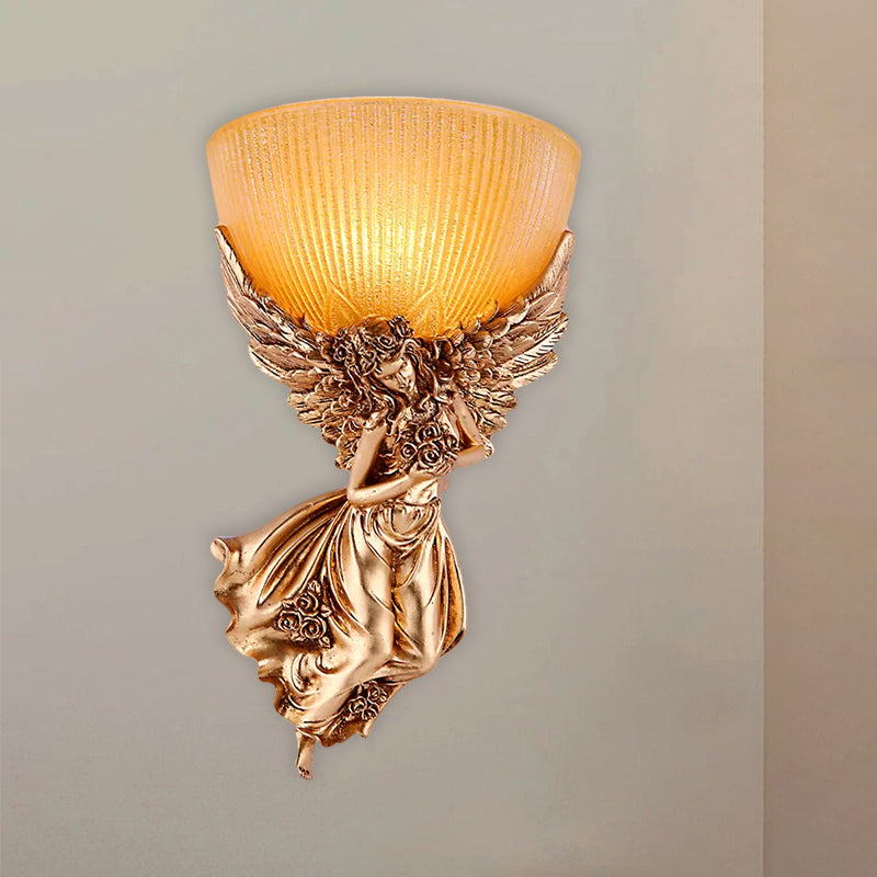 Single Bulb Angel Sconce Light Countryside Gold Resin Wall Mounted Lamp with Amber Fluted Glass Shade, Right Gold Left Clearhalo 'Wall Lamps & Sconces' 'Wall Lights' Lighting' 1623440