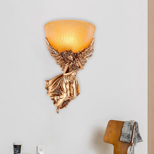 Single Bulb Angel Sconce Light Countryside Gold Resin Wall Mounted Lamp with Amber Fluted Glass Shade, Right Clearhalo 'Wall Lamps & Sconces' 'Wall Lights' Lighting' 1623441