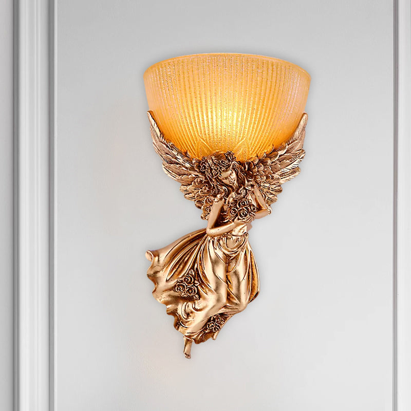 Single Bulb Angel Sconce Light Countryside Gold Resin Wall Mounted Lamp with Amber Fluted Glass Shade, Right Clearhalo 'Wall Lamps & Sconces' 'Wall Lights' Lighting' 1623442