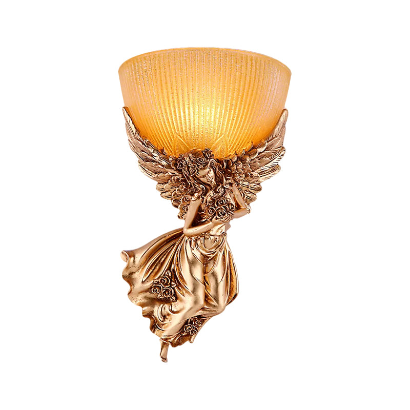 Single Bulb Angel Sconce Light Countryside Gold Resin Wall Mounted Lamp with Amber Fluted Glass Shade, Right Clearhalo 'Wall Lamps & Sconces' 'Wall Lights' Lighting' 1623443