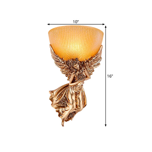 Single Bulb Angel Sconce Light Countryside Gold Resin Wall Mounted Lamp with Amber Fluted Glass Shade, Right Clearhalo 'Wall Lamps & Sconces' 'Wall Lights' Lighting' 1623444