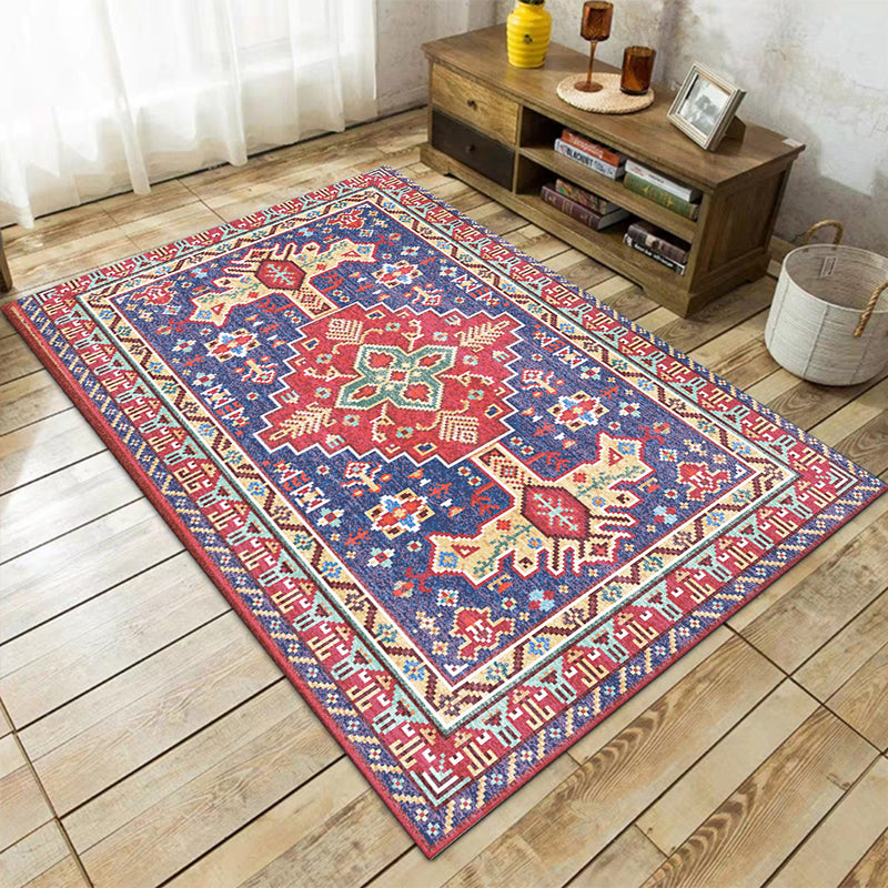 Red and blue Bedroom Rug Moroccan Medallion Geometry Pattern Area Rug Polyester Non-Slip Machine Washable Carpet Blue Clearhalo 'Area Rug' 'Moroccan' 'Rugs' Rug' 1623857